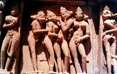 Erotisk skulptur, hinduistisk tempel, Khajuraho, Indien, 950 - 1050