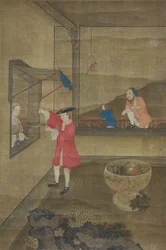 Europæisk par og børn leger med papegøje, 1700-tallet.