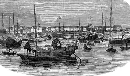 Europæiske fabrikker i Canton Guangzhou, Kina, c1875