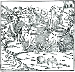Fordampning af havvand i jerngryder for at opnå salt, 1556