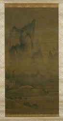 Aftenklokke fra tågeindhyllet tempel, efterårsmåne over søen Dongting til højre, ca. 1450-1500.