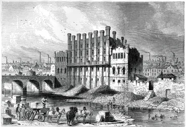Udvendigt billede af Castle-slibemøllen i Sheffield, 1886