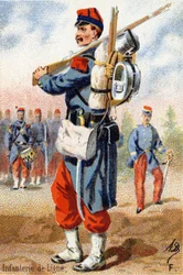 F: Linjeinfanteri. Indgravering i "Militæralfabet". Illustratorens initialer: A. D. Ukendt forlag. Kromolitografier sidst i det 19. århundrede. Mål: 10,5 x 7 cm.