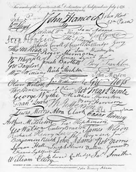 Faksimile af underskrifterne til uafhængighedserklæringen, 4. juli 1776