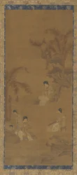 Kvindelige musikere i en have under bananpalmer, Ming-dynastiet, 1368-1644.