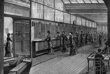 Kvindelige telefonister ved den centrale telefoncentral, Paris, 1890