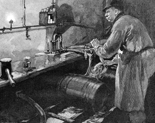Påfyldning af øltønder i et amerikansk bryggeri, 1885