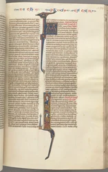 Fol. 199r, Esther, historisk initial, to siddende mandsfigurer, ca. 1275-1300.
