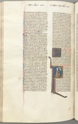 Fol. 440v, Corinthians I, historiker initial P, Paul knælende og taler til Guds buste ovenover, ca.