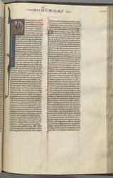 Fol. 449r, Galaterne, historisk initial P, Paulus siddende med et sværd, ca. 1275-1300.