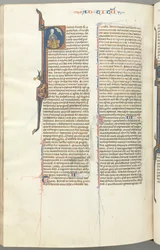 Fol. 458v, Titus, historisk initial P, Paulus siddende med et sværd, ca. 1275-1300.