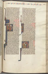 Fol. 459r, Filemon, historisk initial P, Paulus henvender sig til tre mænd og hebræere..., ca. 1275-1300.