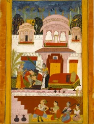 Forladt dame med tjenestepiger, der illustrerer den musikalske tilstand Patamanjari Ragini, 1695-1700