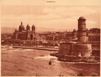 Fort St. Jean og katedralen, Marseille, 1930.