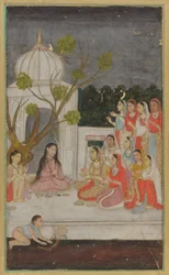 Fortune-telling, en gruppe kvinder på en terrasse om natten, 1700-tallet.