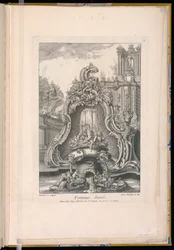 Springvand med en cartouche og bygninger,