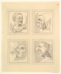 Fire hoveder fra Characaturas af Leonardo da Vinci, fra tegninger af Wincelslaus Hollar, o..., 1786.