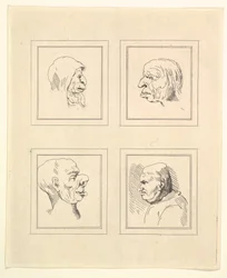 Fire hoveder fra Characaturas af Leonardo da Vinci, fra tegninger af Wincelslaus Hollar, o..., 1786.
