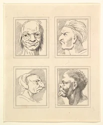 Fire hoveder fra Characaturas af Leonardo da Vinci, fra tegninger af Wincelslaus Hollar, o..., 1786.
