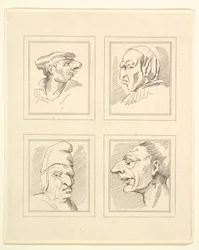 Fire hoveder fra Characaturas af Leonardo da Vinci, fra tegninger af Wincelslaus Hollar, o..., 1786.