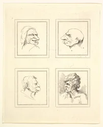 Fire hoveder fra Characaturas af Leonardo da Vinci, fra tegninger af Wincelslaus Hollar, o..., 1786.