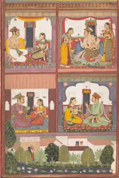 Fire kærlighedsscener og et landskab: Side fra en spredt Raskapriya, ca. 1700.