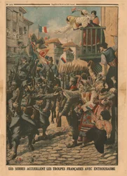 Franske tropper bliver entusiastisk budt velkommen af serberne, 1915.