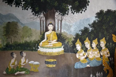 Fresko, der viser en scene fra Buddhas liv i Wat Phra Doi Suthep, Chiang Mai. Buddha modtager almisse. Thailand