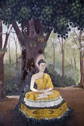Fresko, der viser en scene fra Buddhas liv i Wat Phra Doi Suthep, Chiang Mai. Buddha mediterer under et træ. Thailand