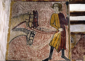 Fresko af Ferrande-tårnet i Pernes-les-Fontaines (Pernes les Fontaines, Vaucluse (84) fra det 13. århundrede: En Palefrenier med dronninger af tre heste.