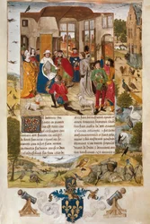 Tysk kejser Frederik II af Hohenstaufen omgivet af falkejægere, miniature.