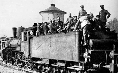 Tyske tropper rejser med tog til østfronten, Første Verdenskrig, 1914