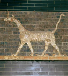 Glaseret murstenrelief af en Mushrushu på Ishtar -porten, 7. århundrede f.Kr.