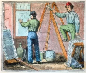 Glarmester og tapetophæng arbejder i et hus, 1867