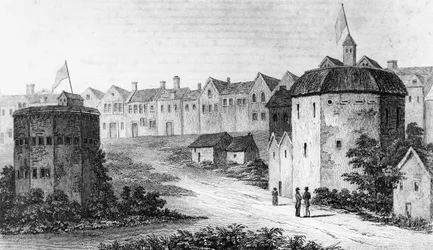 Globe Theatre, Bankside, Southwark højre og Bear Garden, c1597 1825