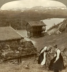 Sladder på en kro ved siden af Botten, med udsigt over Voxli-søen - udsigt mod Haukeli Mts., Norge,