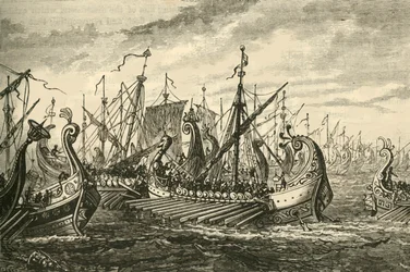 Græske Triremer i slaget ved Salamis, 1890.