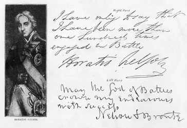 Håndskrift og underskrifter af Lord Nelson før og efter tabet af sin højre arm, inklusive hans sidste brev før slaget ved Trafalgar, skrevet fra HMS 