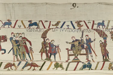 Harold og grev Guy af Ponthieu taler sammen i Beaurain, Bayeux Tapestry (uldbroderi på hør)