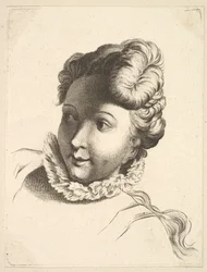Hovedet af en kvinde iført ryg, fra Livre de Têtes Gravées dapres F. Boucher et ..., 1700-tallet.