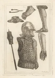Hjelm og brigandine 1, jerngreve eller benpanser 2, kappe tilhørende John of Gaunt 3, jernhandske 4, gorget 5, jernmace 6, antik jernsprøjtespore 7