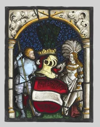 Heraldisk panel, der forestiller en ridder og en dame med ærkehertugdømmet af Østrigs våben, ca. 1515.