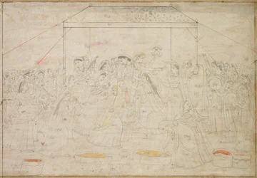 Hindu Gud Krishna bliver klædt i kvindetøj til forårsfest Holi, ca. 1790.