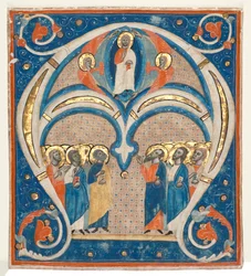 Historik forbogstav A udskåret fra et svarskrift: Kristus i majestæt med hellige, ca. 1280-1300.