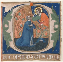 Historikert initial O Udskåret fra et antifonarium: Donoren, Gorus Fucci, knæler før Kristus, c.