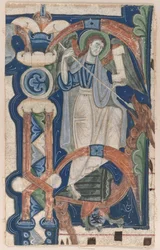 Historieret indledende P Udtaget fra en korbog: St. Michael and the Dragon, begyndelsen af 1200-tallet.