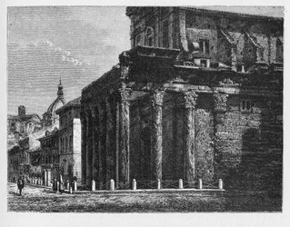 Det gamle Roms historie. Temple of Antoninus and Faustina er et gammelt romersk tempel i Rom, tilpasset til kirken San Lorenzo in Miranda.