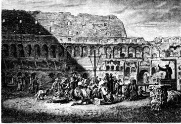 Det gamle Roms historie. Fastelavnsprædikenen af Colosseums indre. Tryk 1800