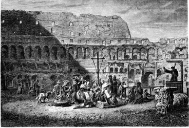 Det gamle Roms historie. Fastelavnsprædikenen fra Colosseums indre. Tryk 1800