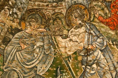 Holy Virgin og Saint John Kame koptisk kloster: fresko fra det 9. århundrede: Bebudelsen Egypten